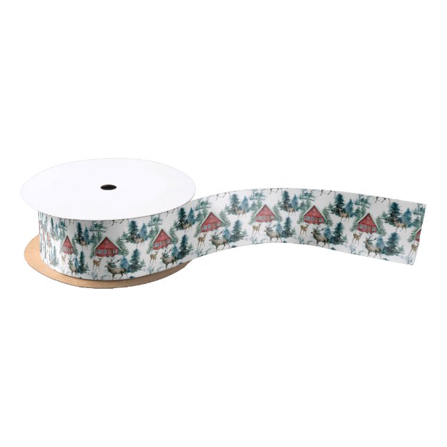 Cabin in woods with deer and snowy trees satin ribbon (Spool)