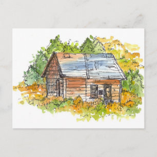 Cabin Ink Pen Sketch Watercolor Landscape Postcard