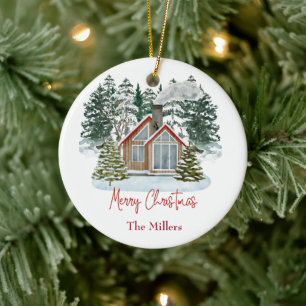 Cabin Merry Christmas Customizable Name   Ceramic Ornament