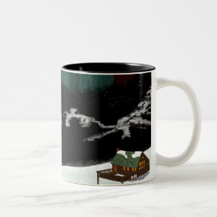 Cabin, mountains, aurora Two-Tone coffee mug