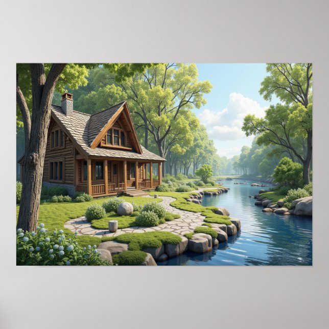 Cabin next to river in the woods poster (Front)