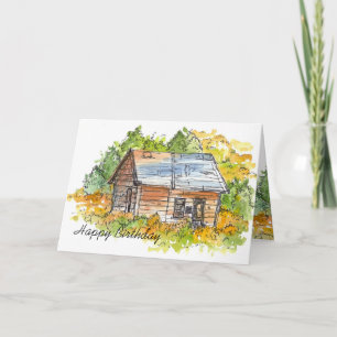 Cabin Pen and Ink Sketch Birthday Card Landscape