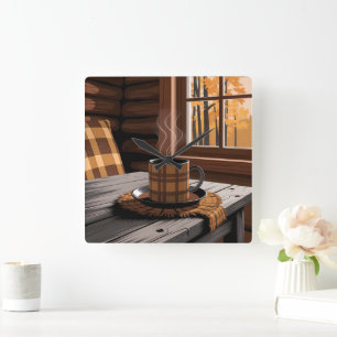 Cabin Plaid Coffee Autumn Forest Rustic Home Art Square Wall Clock