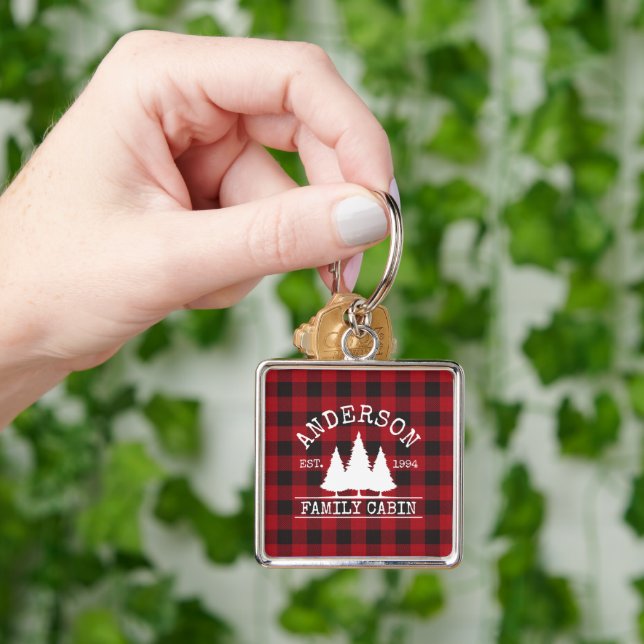 Cabin Red Buffalo Plaid Family Name Square Key Ring (Hand)
