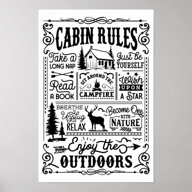 Cabin Rules Black and White Poster (Front)