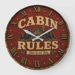 Cabin Rules Rustic Lake Cabin Large Clock