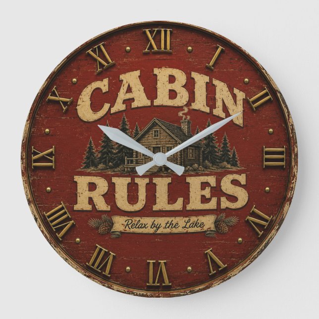 Cabin Rules Rustic Lake Cabin Large Clock (Front)