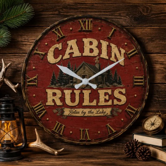 Cabin Rules Rustic Lake Cabin Large Clock (Creator Uploaded)