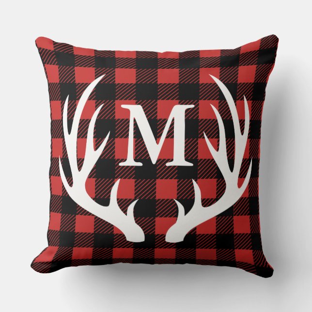 Cabin Rustic Deer Antlers Buffalo Check Plaid Cushion (Front)