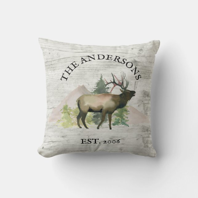 Cabin Rustic Elk White Wood Personalised Mountain Cushion (Front)