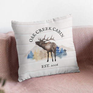 Cabin Rustic Elk White Wood Personalised Mountain Cushion