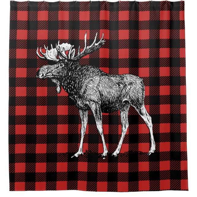 Cabin Rustic Moose & Buffalo Plaid Shower Curtain (Front)