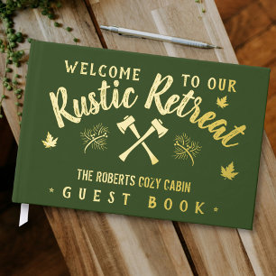 Cabin Rustic Retreat Personalised Name Green Gold Guest Book