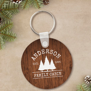 Cabin Rustic Wood Family Name Key Ring