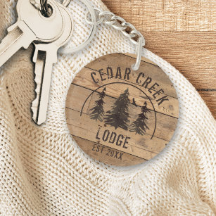 Cabin Rustic Wood Forest Trees Personalised Key Ring