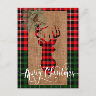 Cabin Style - A Plaid Deer Head on Burlap & Plaid Holiday Postcard