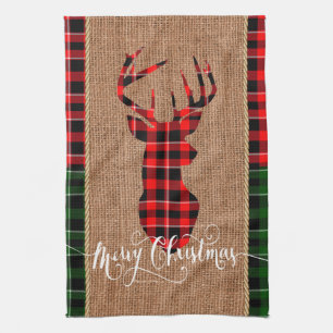 Cabin Style - A Plaid Deer Head on Burlap & Plaid Tea Towel