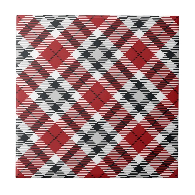 Cabin Style Red Black & White Flannel Tartan Plaid Ceramic Tile (Front)
