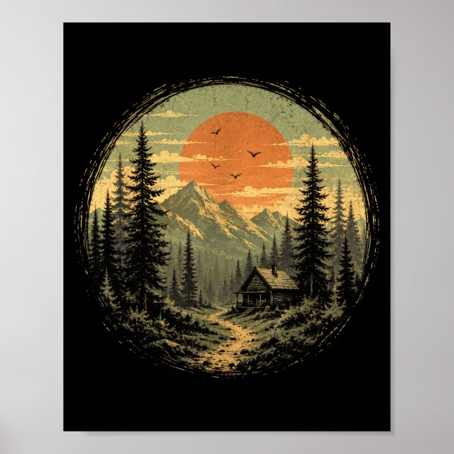 Cabin sunset mountain forest wilderness nature poster (Front)