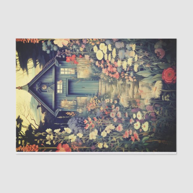 Cabin with Pretty Wildflower Path Illustration Tissue Paper (Front)