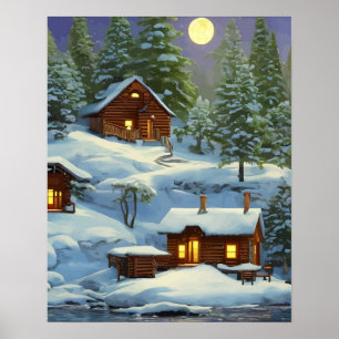 Cabins in The Woods Snow landscape ARt Poster