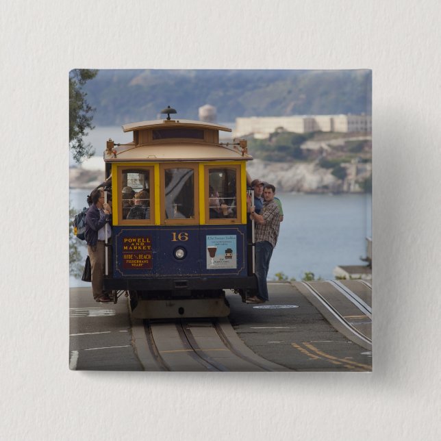 Cable car chugs up Hyde Street in San 15 Cm Square Badge (Front)