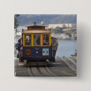 Cable car chugs up Hyde Street in San 15 Cm Square Badge