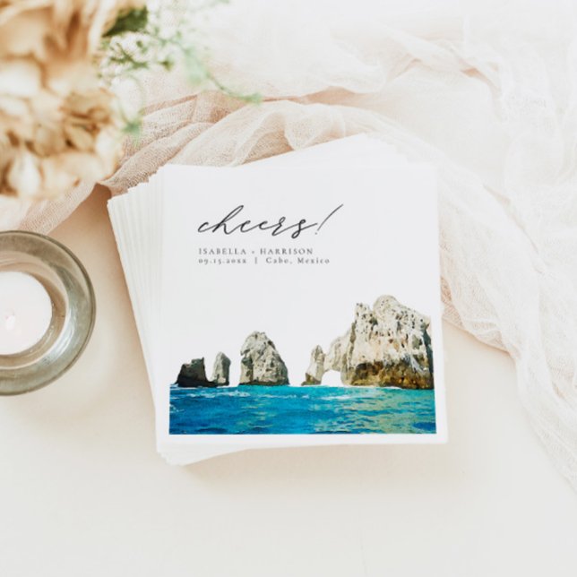 CABO Mexico Watercolor Beach Skyline Wedding Napkin (Creator Uploaded)