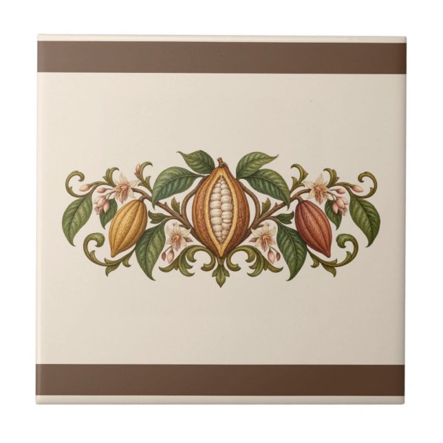 Cacao Botanical Scroll Custom Colour Frieze Ceramic Tile (Original warm cream & cocoa palette. Background and both bands can be personalized.)