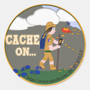 CACHE ON! GEOCACHING CHICK GIRL BRUNETTE CLASSIC ROUND STICKER
