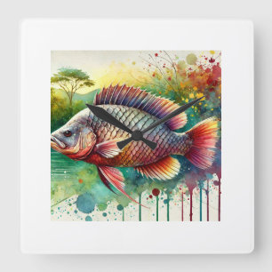 Cacique Fish 190624AREF111 - Watercolor Square Wall Clock
