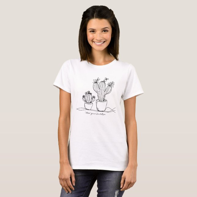 Cacti Abstract Line Art with Personalised Text T-Shirt (Front Full)
