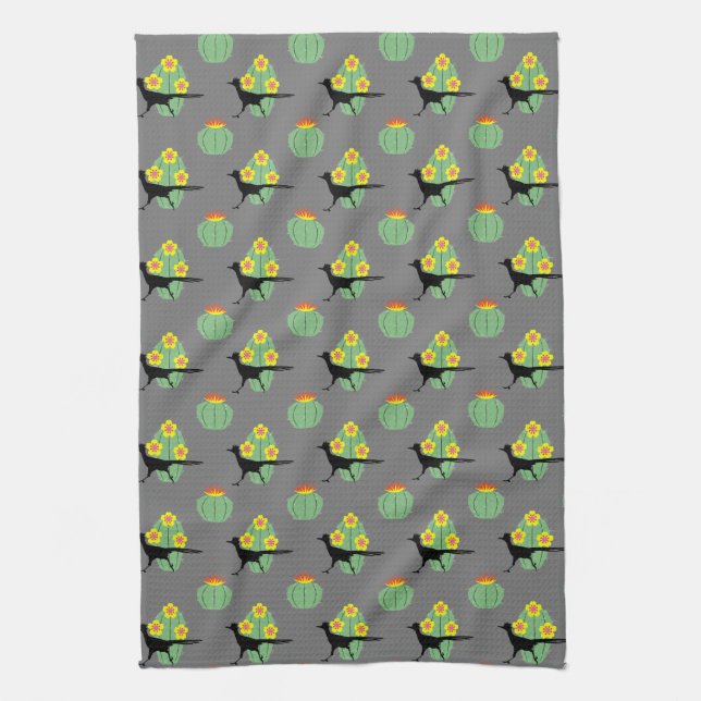 Cacti And Roadrunners Tea Towel (Vertical)