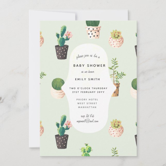 Cacti Baby Shower Invites Watercolor Succulents (Front)