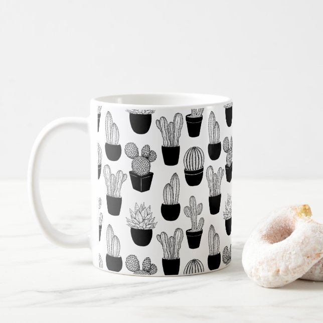 Cacti Black Line Art Pattern Coffee Mug (With Donut)