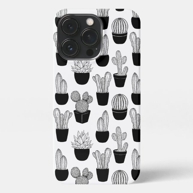 Cacti Black Line Art Pattern iPhone Case (Back)