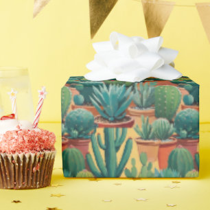 Cacti Cactus Plants Terracotta Pots Desert Gold Wrapping Paper
