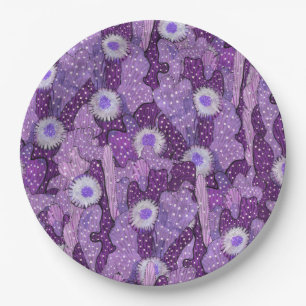 Cacti Camouflage, Floral Pattern Purple Violet Paper Plate