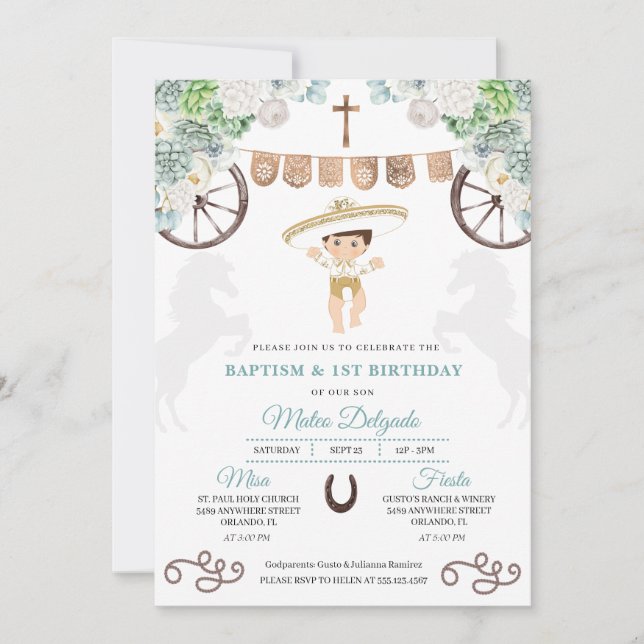 Cacti Floral Mexican Baby Boy Charro Baptism Invitation (Front)