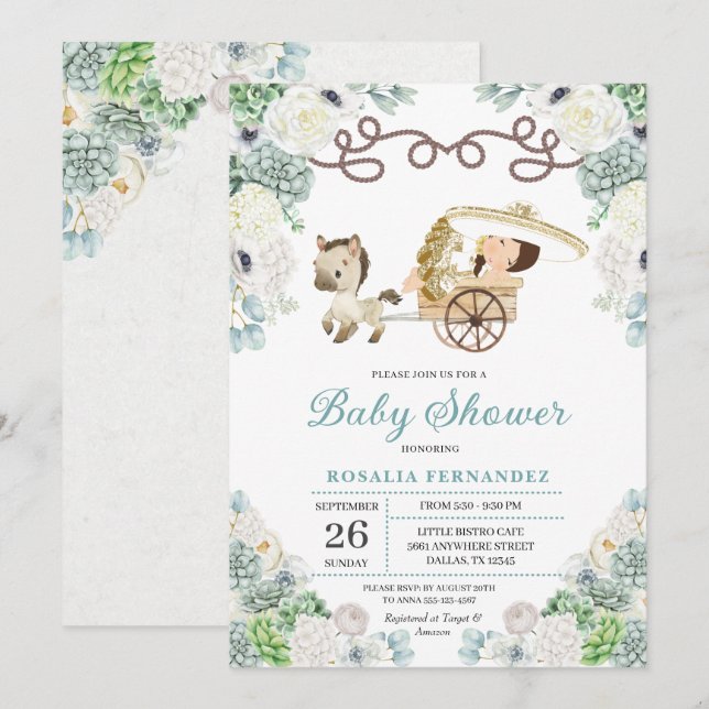 Cacti Floral Mexican Baby Girl Charra Baby Shower Invitation (Front/Back)