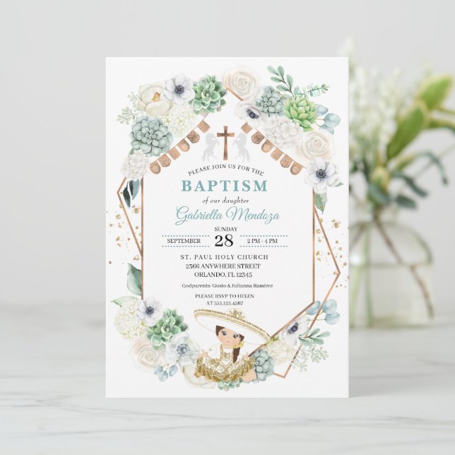 Cacti Floral Mexican Baby Girl Charra Baptism Invitation (Standing Front)