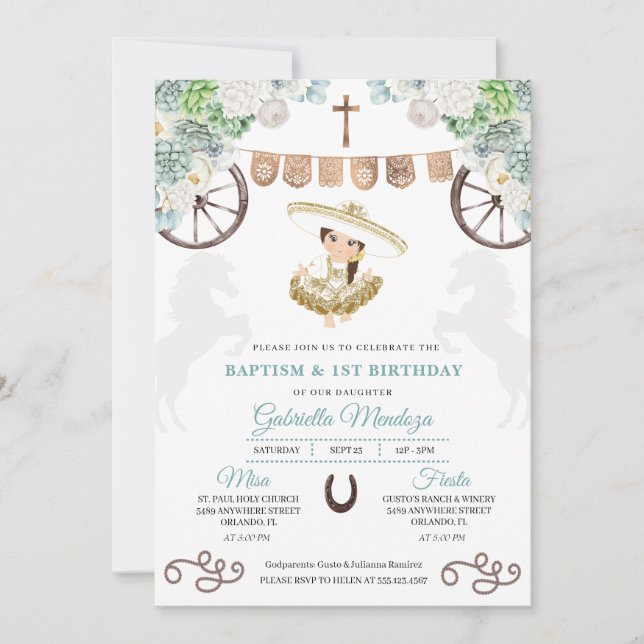 Cacti Floral Mexican Baby Girl Charra Baptism Invitation (Front)