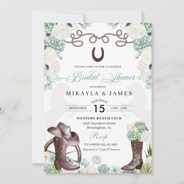 Cacti Floral Western Cowboy Boots Bridal Shower Invitation (Front)