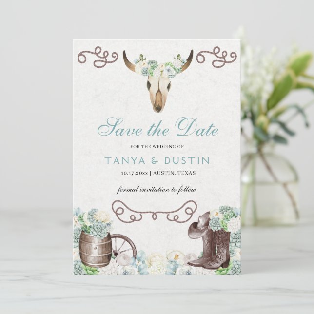 Cacti Floral Western Rustic Skull Save The Date In Invitation (Standing Front)