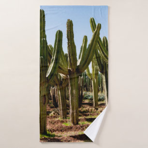 Cacti garden. Green tall cacti and succulents grow Bath Towel