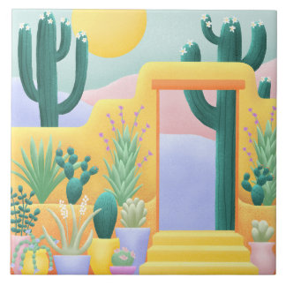 Cacti Garden Southwestern Desert Landscape Artwork Ceramic Tile