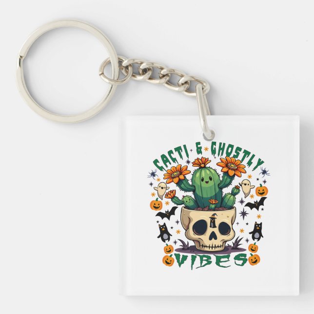 Cacti & Ghostly Vibes: Spooky Pumpkin Design  Key Ring (Front)