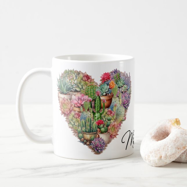 Cacti In A Heart Shape Name Coffee Mug (With Donut)