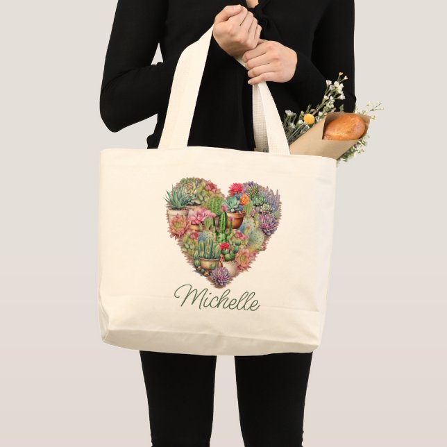 Cacti In A Heart Shape With Name Large Tote Bag (Front (Product))