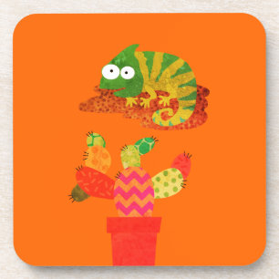 Cacti in Pot with Iguana Hard plastic coaster